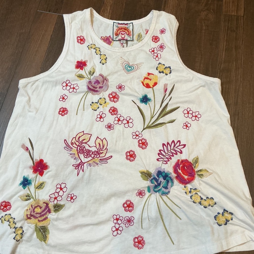 Johnny Was Floral Embroidered Cotton Tank Top White Boho Sleeveless Large L